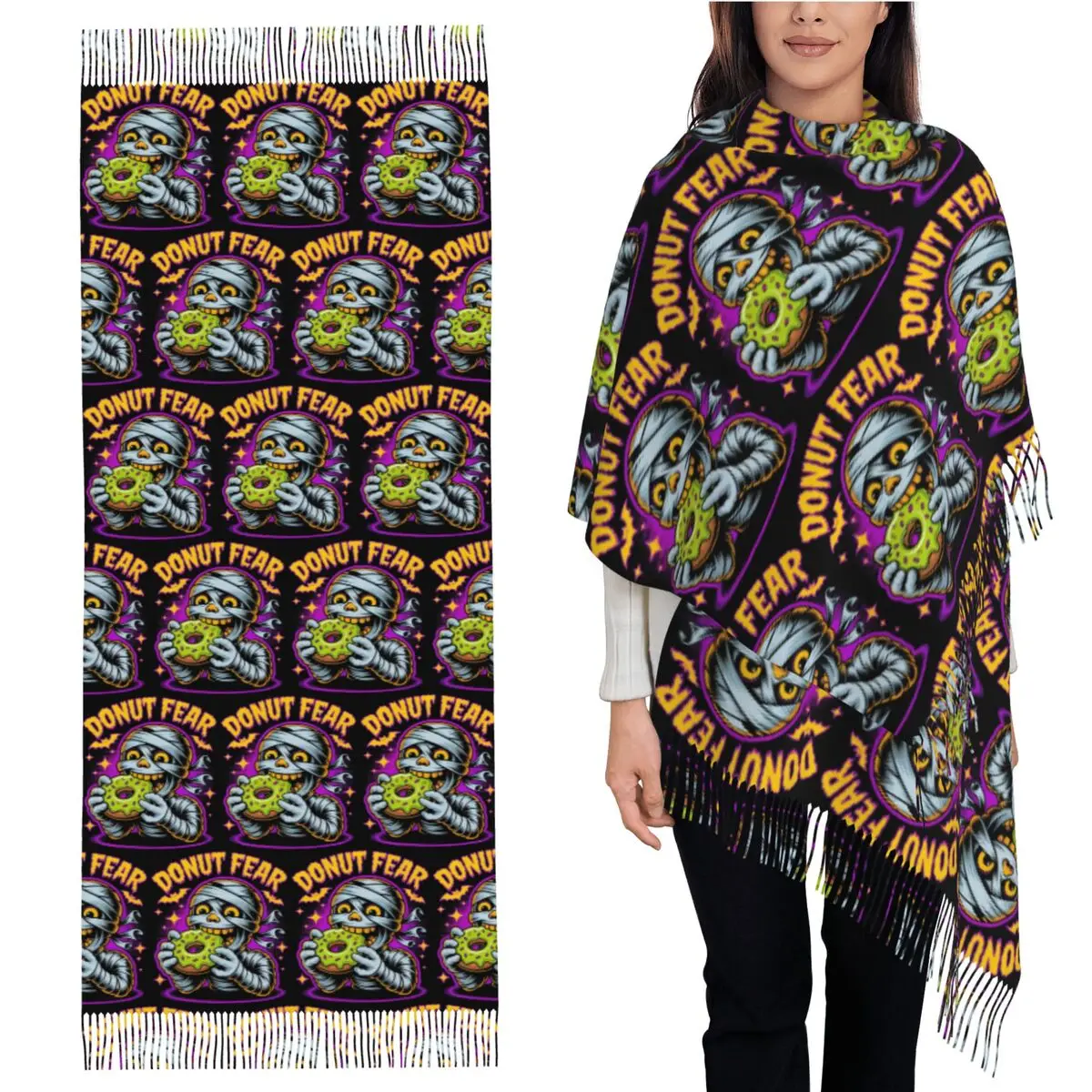 

Пончик Страх Забавный неоновый мумия Хэллоуин Пончик Шарф Шарфы с кисточками Женские мягкие теплые шали и накидки Длинная осенне-зимняя шаль