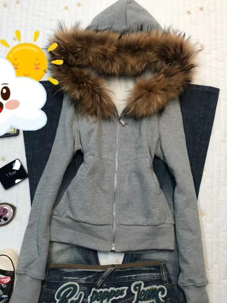 

Aesthetic Vintage Hooded Slim Coat Women Design High Street Grey Fur Collar Zipper Cardigan Hot Girl Autumn Long Sleeve Coat