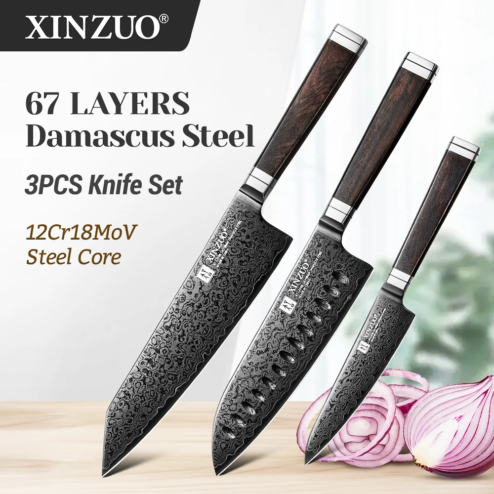 

XINZUO Premium 3PCS Kitchen Knife Set Utility+Santoku+Bunka Knife Hardness 60±2HRC Multi-purpose Knife Set Kitchen Cutting Tool