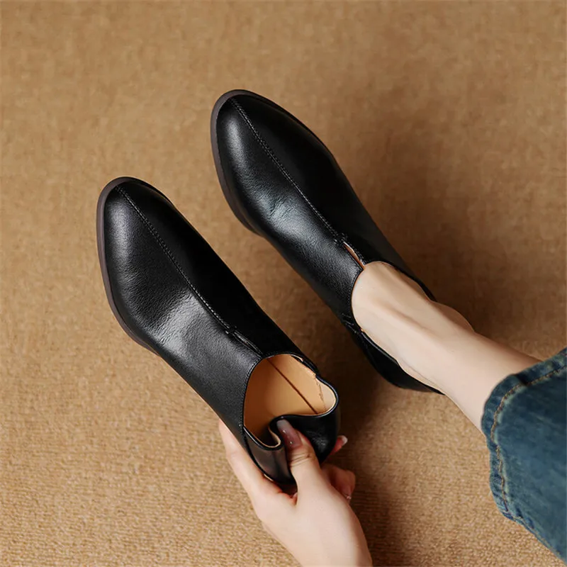 New Autumn Genuine Leather Women Shoes Fashion Round Toe Casual Shoes for Women Chunky Heel Shoes Women Pumps Zapatos De Mujer