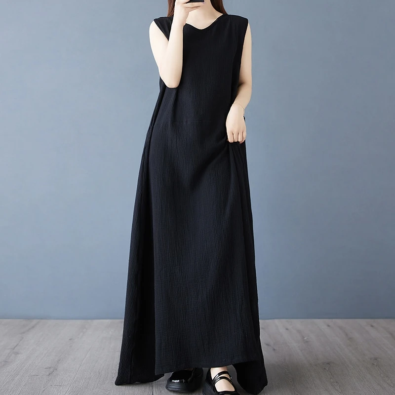 فستان أنيق بدون أكمام ورقبة على شكل V فستان صيفي طويل بحزام خلفي غير منتظم فستان ماكسي مريح فضفاض الخصر فستان الشمس