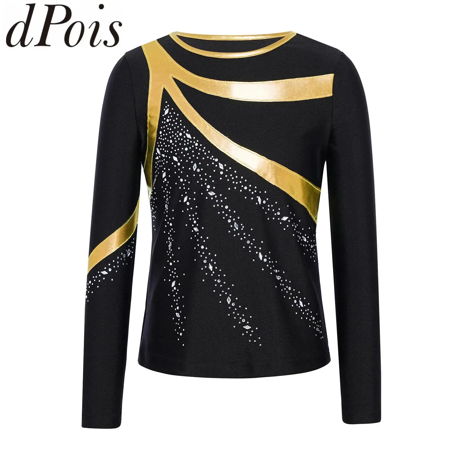 

Детский костюм для фигурного катания для мальчиков: танцевальная рубашка с длинным рукавом, металлическими вставками и стразами, топ для балета