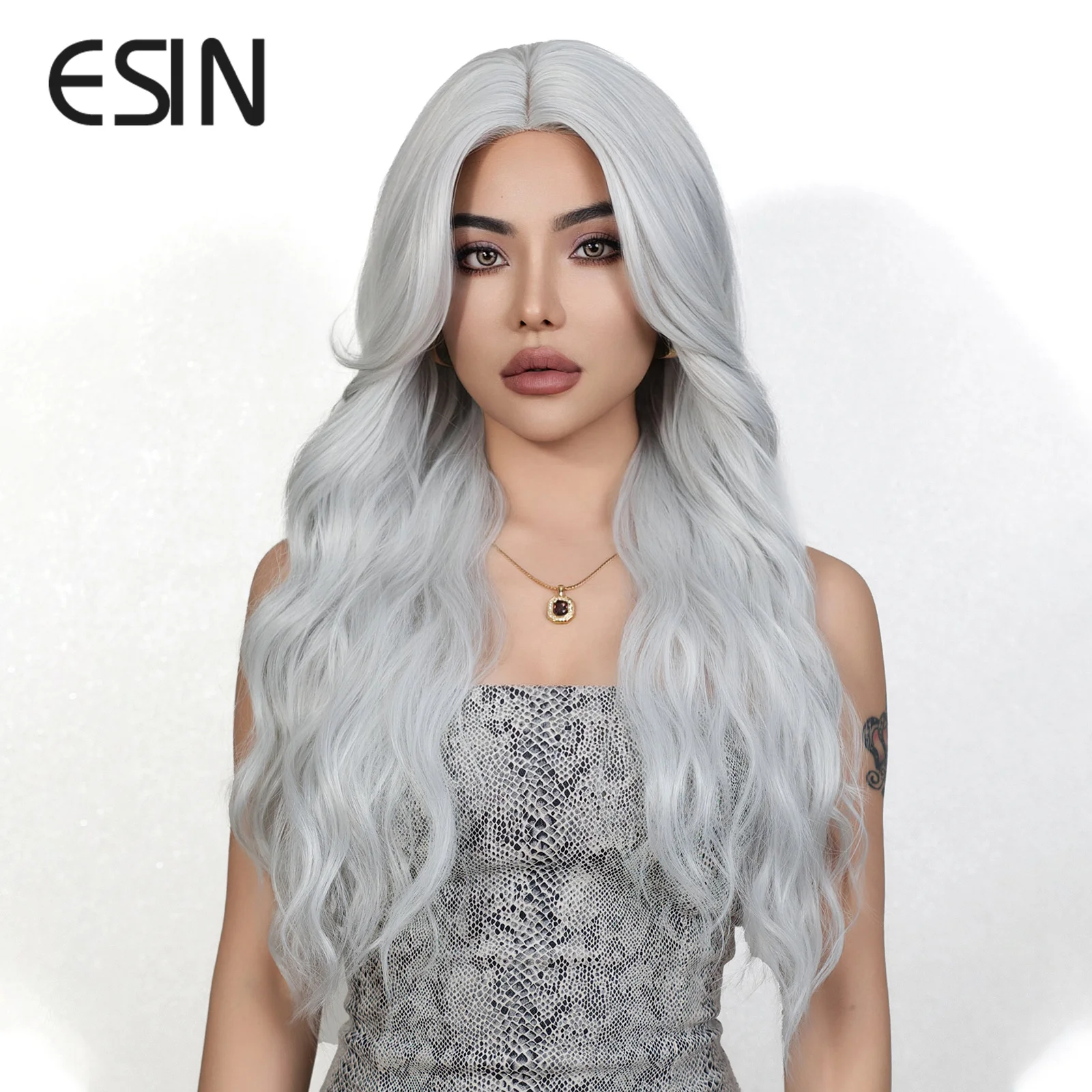 ESIN Silvery White Wavy Wigs with Bangs for Women Middle Part Synthetic Curly Party Wig Use Daily Heat Resistant Fiber Hair