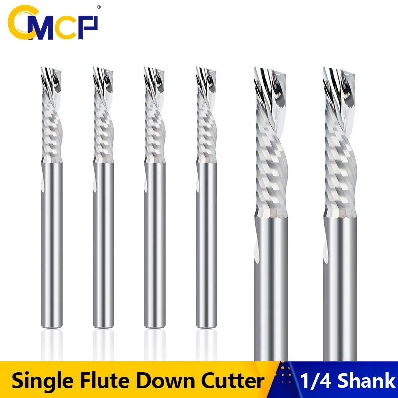 

CMCP Down Cut Router Bit 1/4 Shank,1/4 Diameter,1'' Cutting Length Carbide End Mill,Single Flute Spiral CNC Milling Cutter