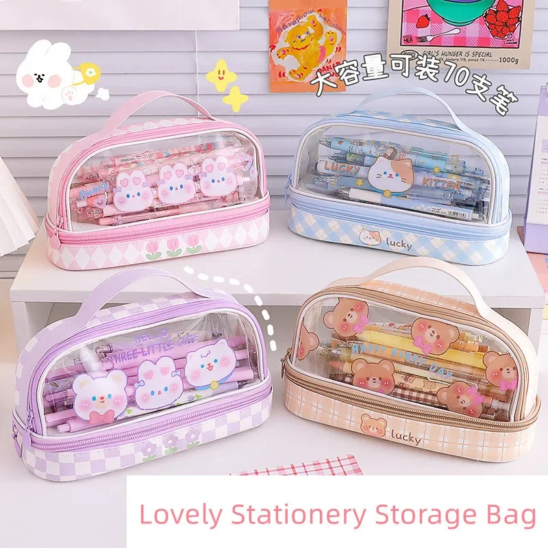 1 Piece Ins Cute Pencil Bag Kawaii Cartoon Bear Bunny Pencil Case Double-layer Protable Stationery Storage Bag Student Supplies