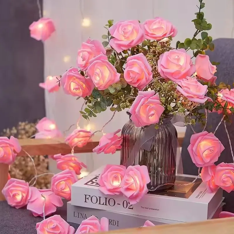 LED Pink Rose Flower String Lights Battery Operated for Wedding Home Party Birthday Festival Indoor Outdoor Valentines Day Decor