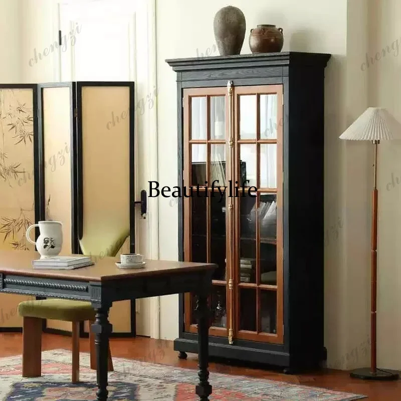 Z138 French retro solid wood bookcase, medieval glass study bookcase, living room wine cabinet, storage storage