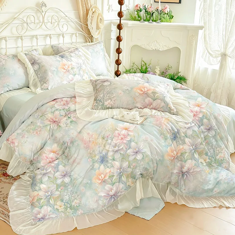 Luxury 600TC Egyptian Cotton Watercolor Floral Ruffles Bedding Set Duvet Cover Bed Sheet Pillowcases Queen Size Home Textiles