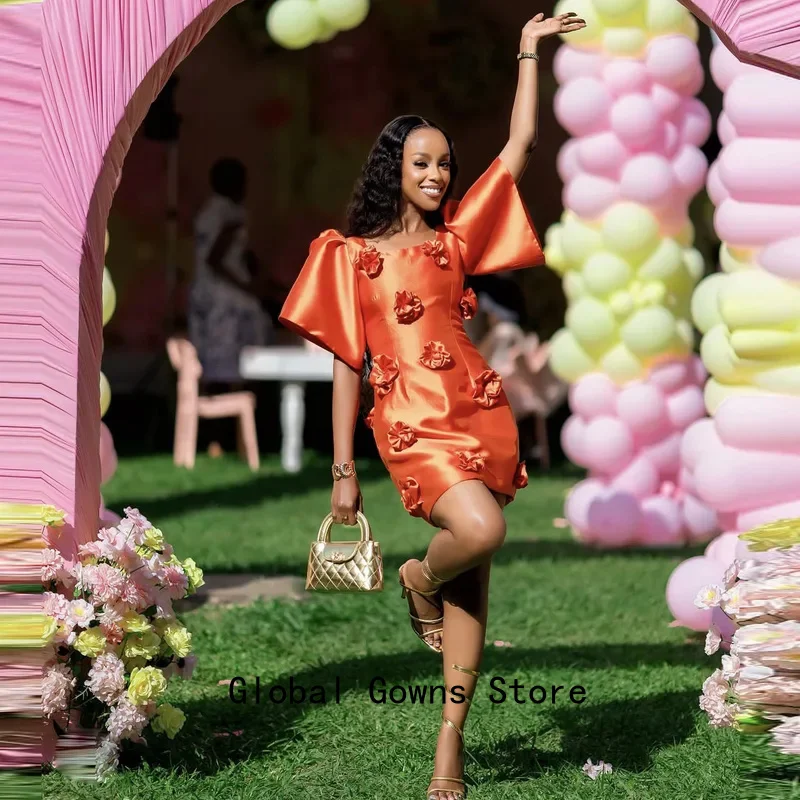 Orange Aso Ebi Short  Cocktail Dresses With 3D Handmade Flower Square Neckline Short Sleeves Mini Birthday Dress Prom Gowns