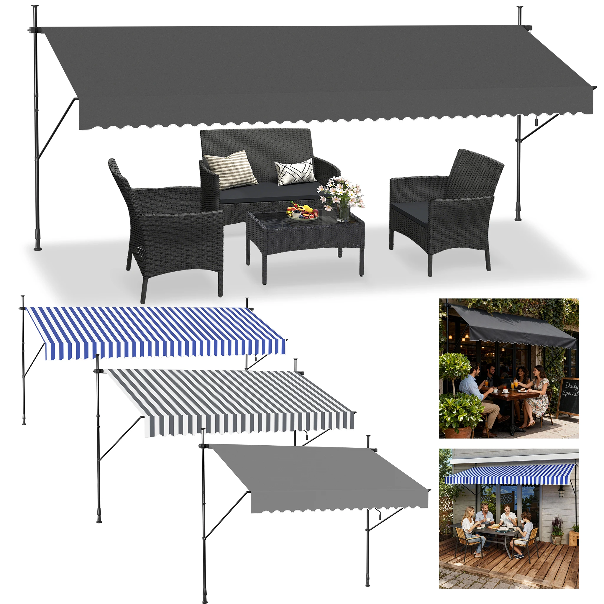 Auvent articulé pour balcon, sans perçage, avec manivelle, protection UV, hauteur réglable, revêtement PU, pour balcon, terrasse, jardin, protection solaire, bleu et blanc 200x120cm
