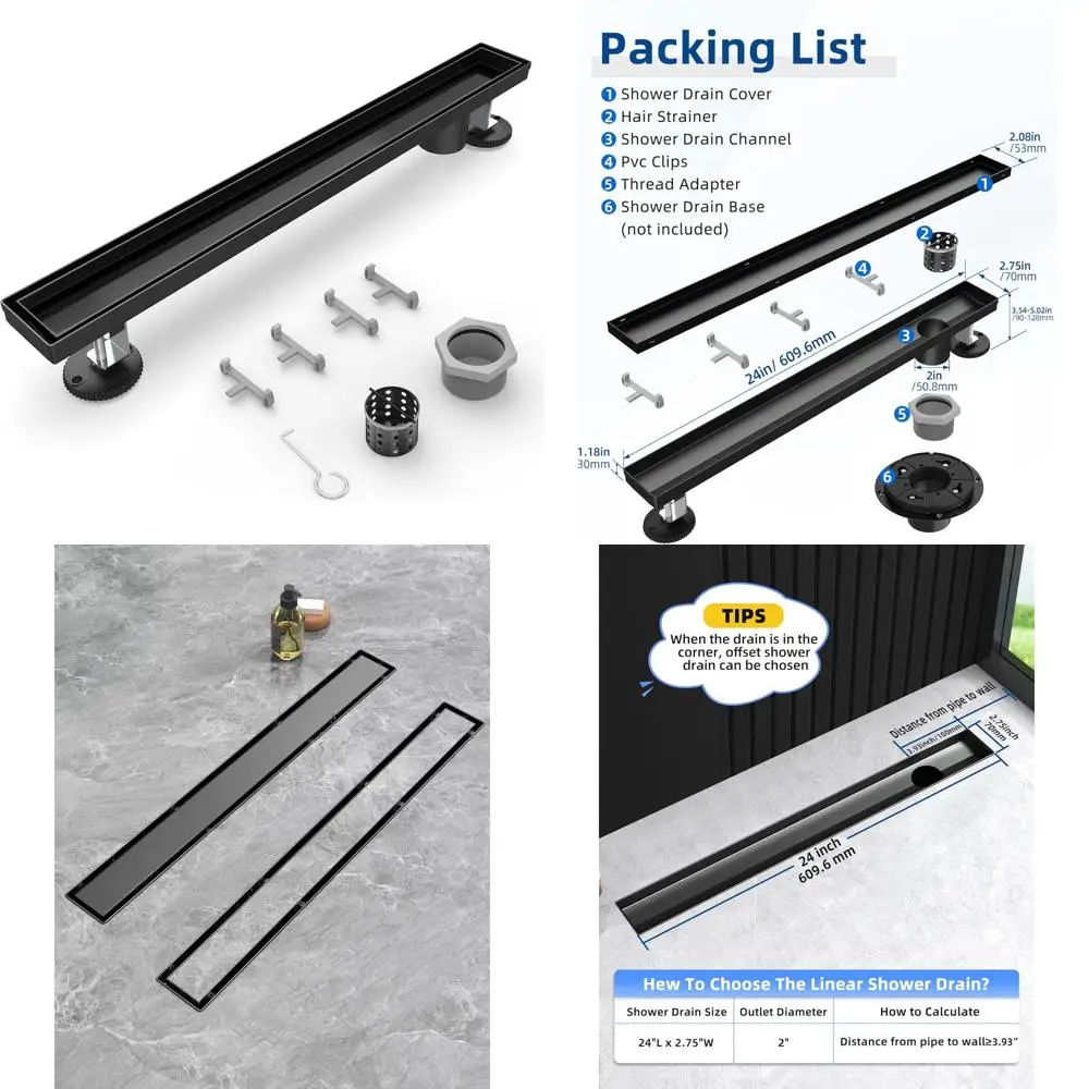 

24-Inch Black Linear Shower Drain with Removable Tile Insert Grate - High-Quality 304 Stainless Steel for Bathroom