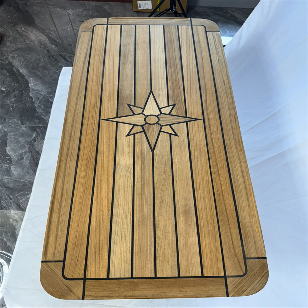 Boat Rectangular Teak Table Top 510x1200mm,20.0x47.2 Inch Star Inlay Round Corner Marine Yacht RV TTR50120