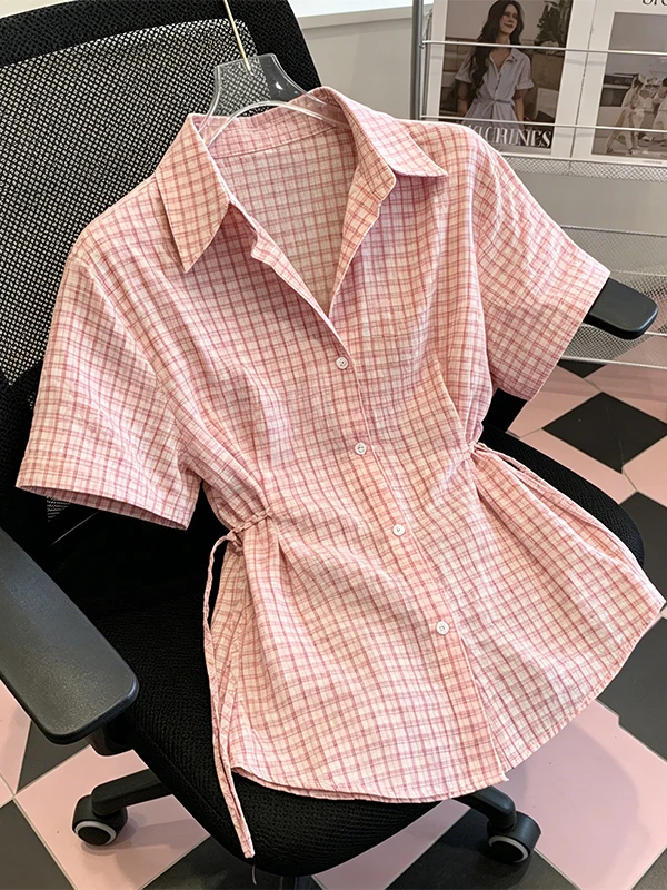 

plus Size Summer Women's Shirt Plaid Short Sleeve Belted Waist Tie Korean Style Breathable Skin-Friendly Daily Wear