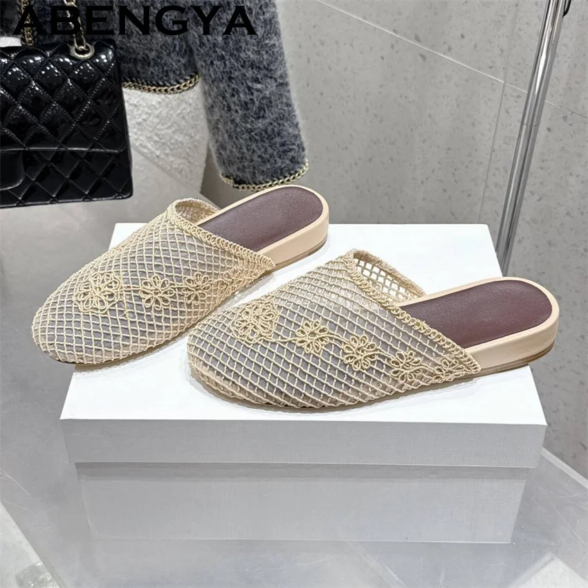 Beige White Lace Wrap Toe loafers Flat Slippers Women Obese Casual Comfort Flat Slippers Summer Embroidery Mules Shoes for Woman