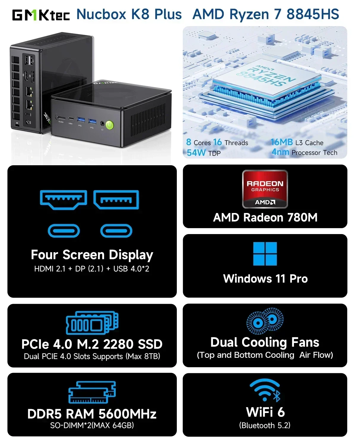 GMKtec K8 PLUS AMD R7 8845HS MINI PC Wins11 Pro DDR5 5600Mhz PCIe4.0 M.2 Nvme SSD WIFI6 BT5.2  Dual 2.5G LAN UP TO 70W TDP