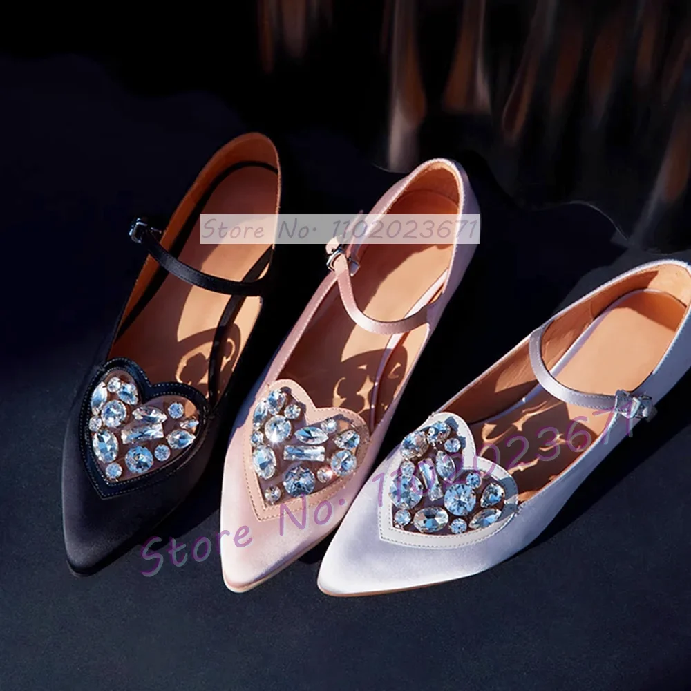 

Heart-shaped Pointed Toe Flat Shoes Women Shinny Gems Buckle Strap Silk Sandals Lady Party Luxury Comfy Casual Crystal Shoes