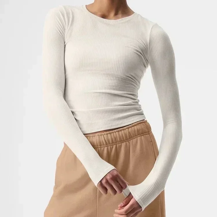 al Leisure Camicie sportive da donna T-shirt da yoga slim a maniche lunghe ad alta elasticità lavorata a maglia filettata Palestra Corsa Allenamento Fitness Canotta