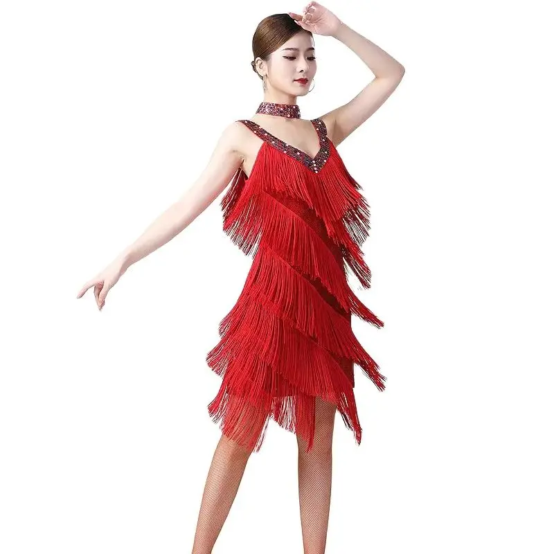 New Latin Dance Costume Women's Adult Sexy Tassel Sleeveless Strap Latin Dance Dress 9 Colors Skirt Suit