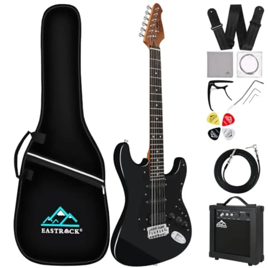 

Electric Guitar 39 inch Full Beginner Starter kit for practice and performance, basswood body, black finish, includes strings,
