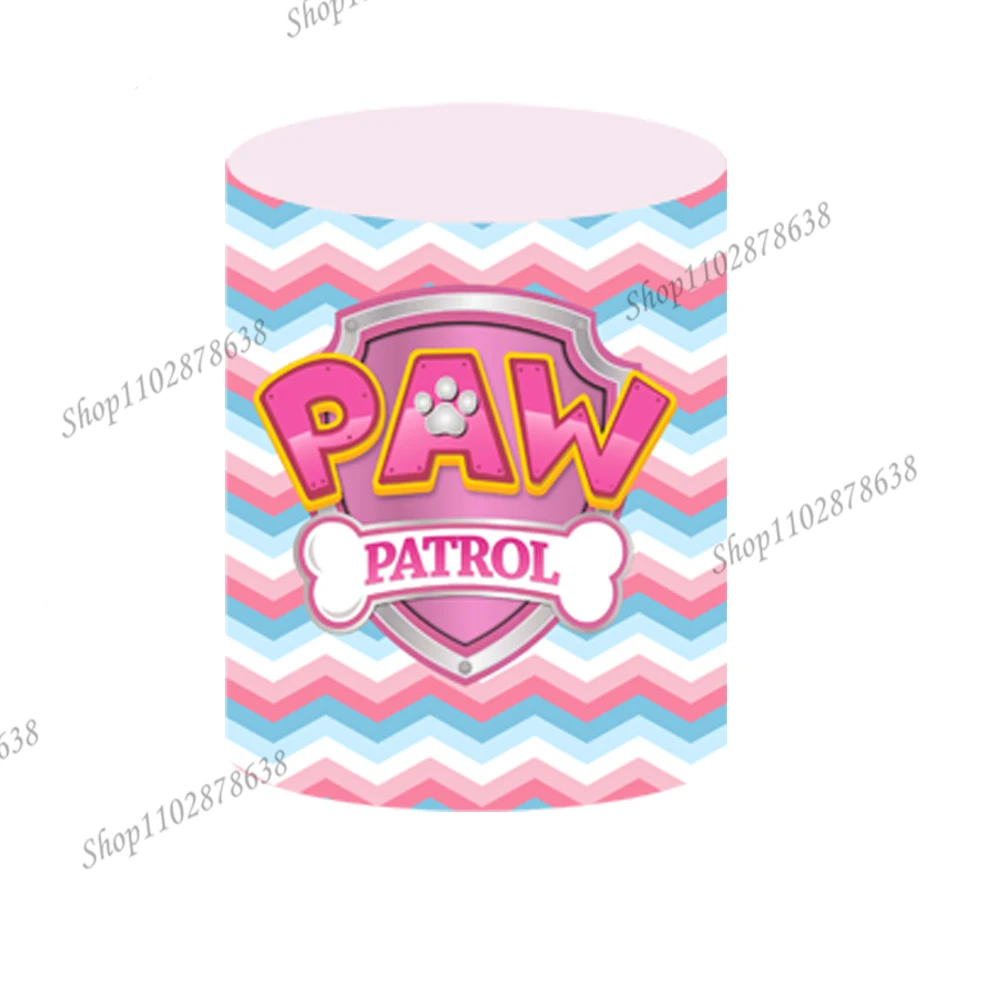 Paw Patrol Round Background Cover Girl Princess Birthday Party Backdrop Baby Shower Dogs Pink Cylinder Event Elastic Decor