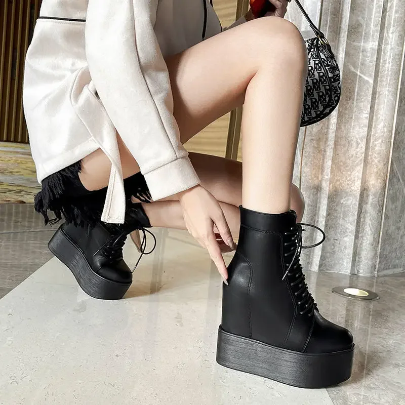 Fujin 12cm PU Women New Microfiber Wedge Warm Winter Ankle Knee High Boot Ethnic Platform Plush Autumn Hidden Heel Spring Shoes