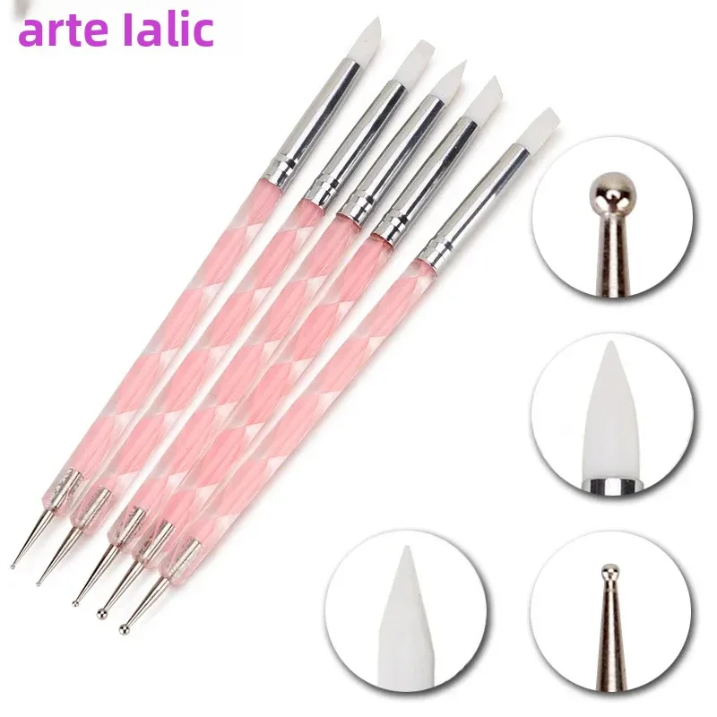 5 pçs 2 vias arte do prego acrílico silicone ponto flor caneta de unhas ferramentas pontilhadas de aço inoxidável canetas de pintura de marcenaria