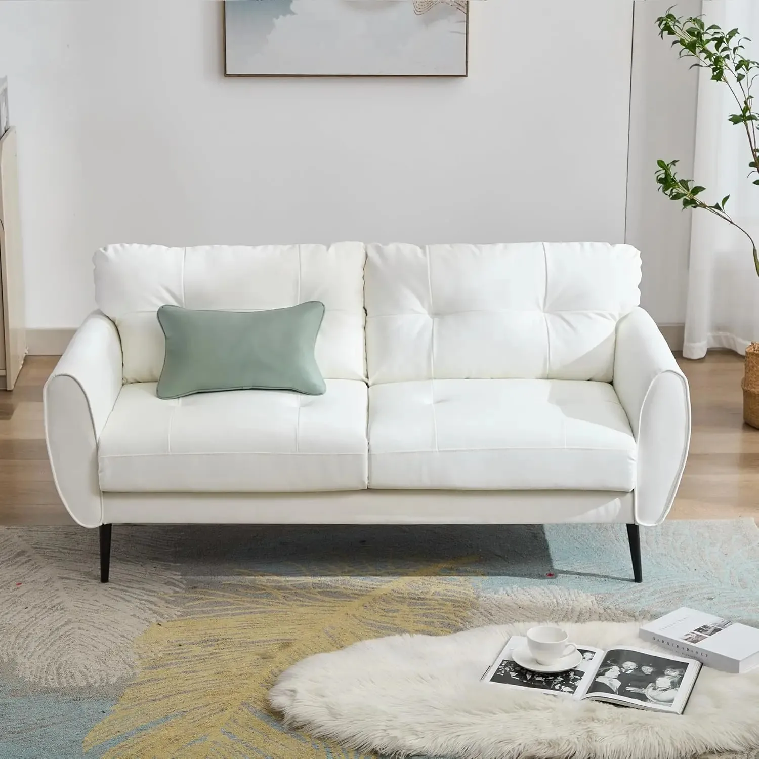 Sofa Couch Small Loveseat Couches for Living Room White Leather Couch Mid Century Modern Tufted Mini Sofa Comfy Office 2 Seat