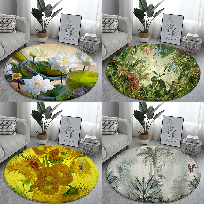 Lotus landscape painting carpet round sofa  Van Gogh home living room bedroom bathroom floor mat printed  decoration