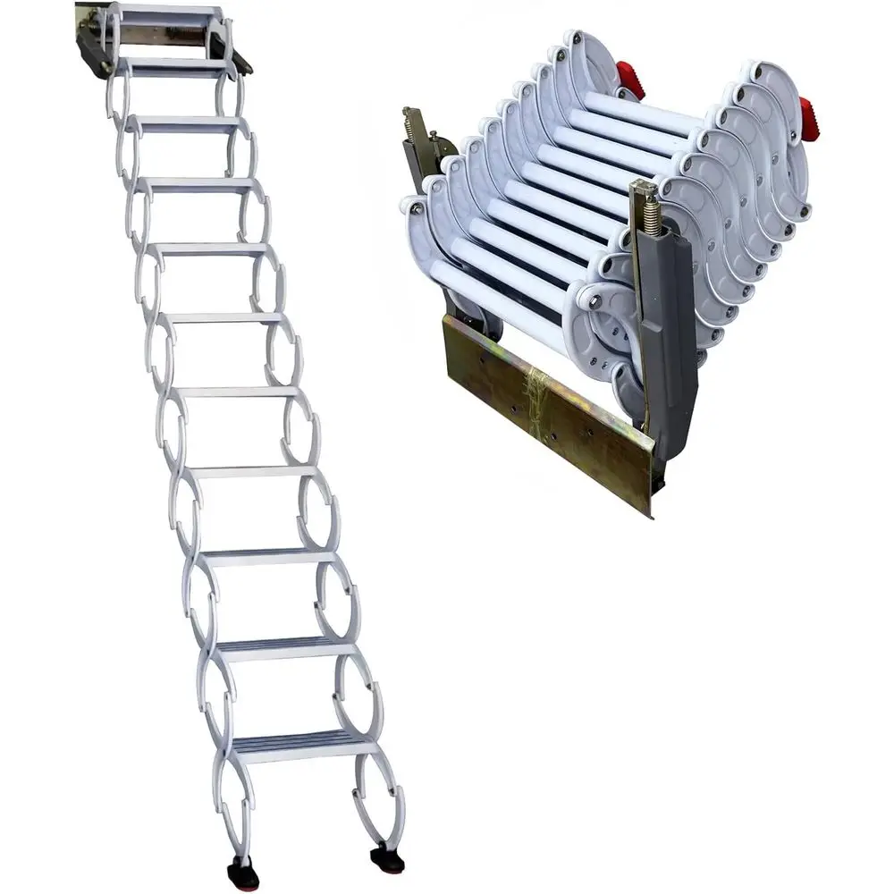 

Настенная выдвижная чердачная лестница на 12 ступеней, с каркасом из сплава, без поручней, белая