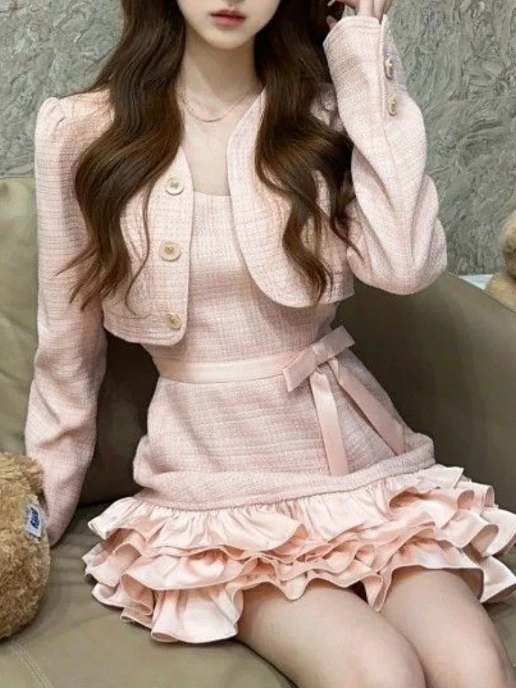 

Sweet 2 Piece Dress Set Woman Pink Long Sleeve Coat + Bow Kawaii Mini Dress Female Korean Fashion Evening Party Suit 2023 Winter