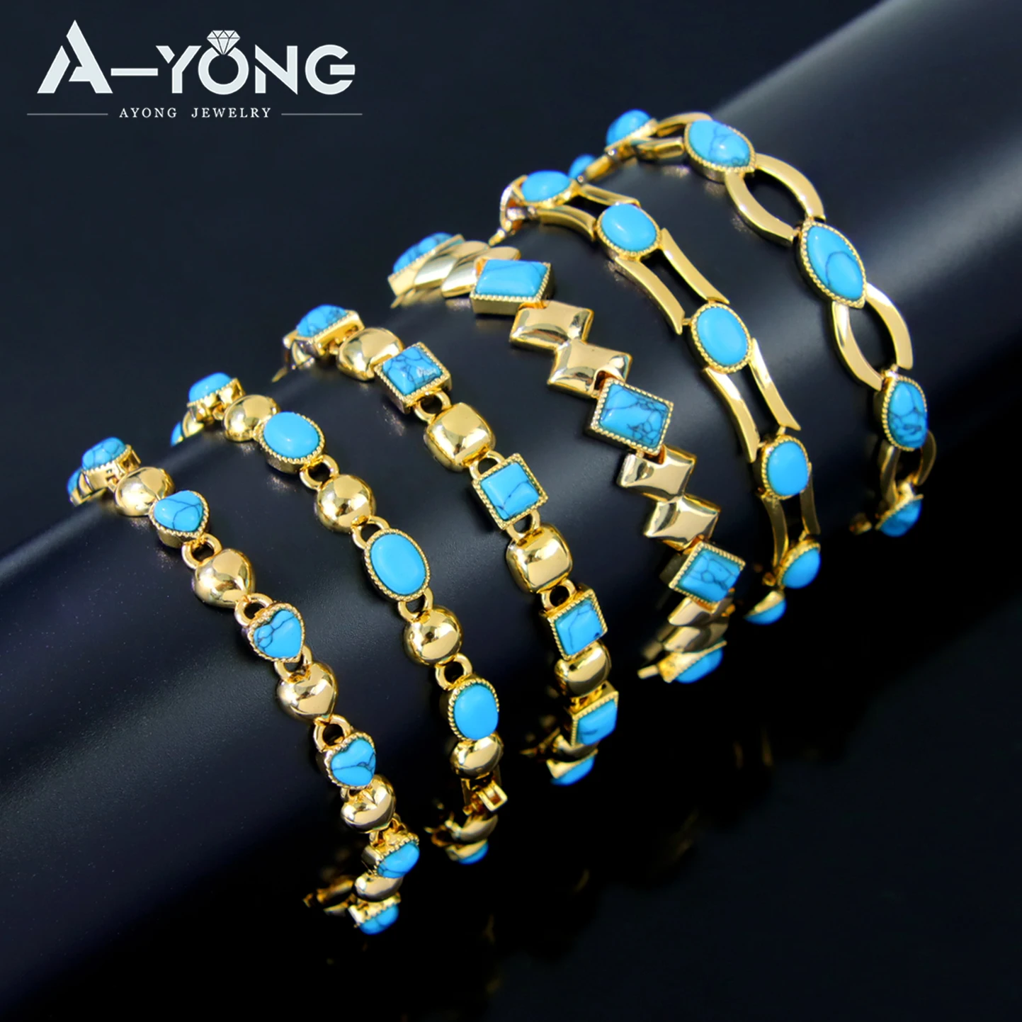 Fashion Turquoise Gold Plated Bracelet 21k Gold Color Muslim Elegant Bangles Dubai Saudi Women Wedding Party Jewelry