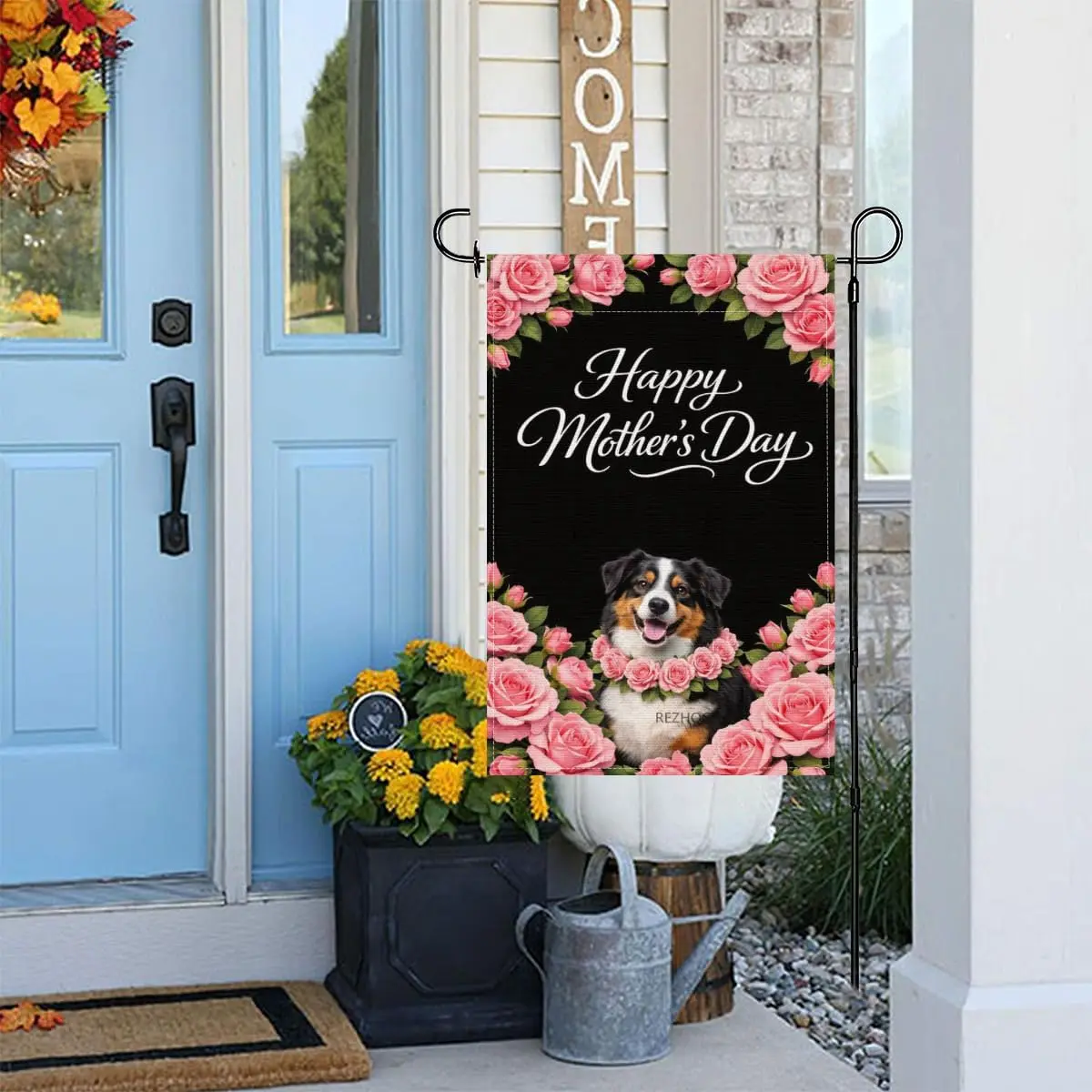 Happy Mother’s Day Garden Flag 12x18Inch,Cute Australian Shepherd Pink Rose Floral Black Background,Spring Outdoor Yard Deco AAS