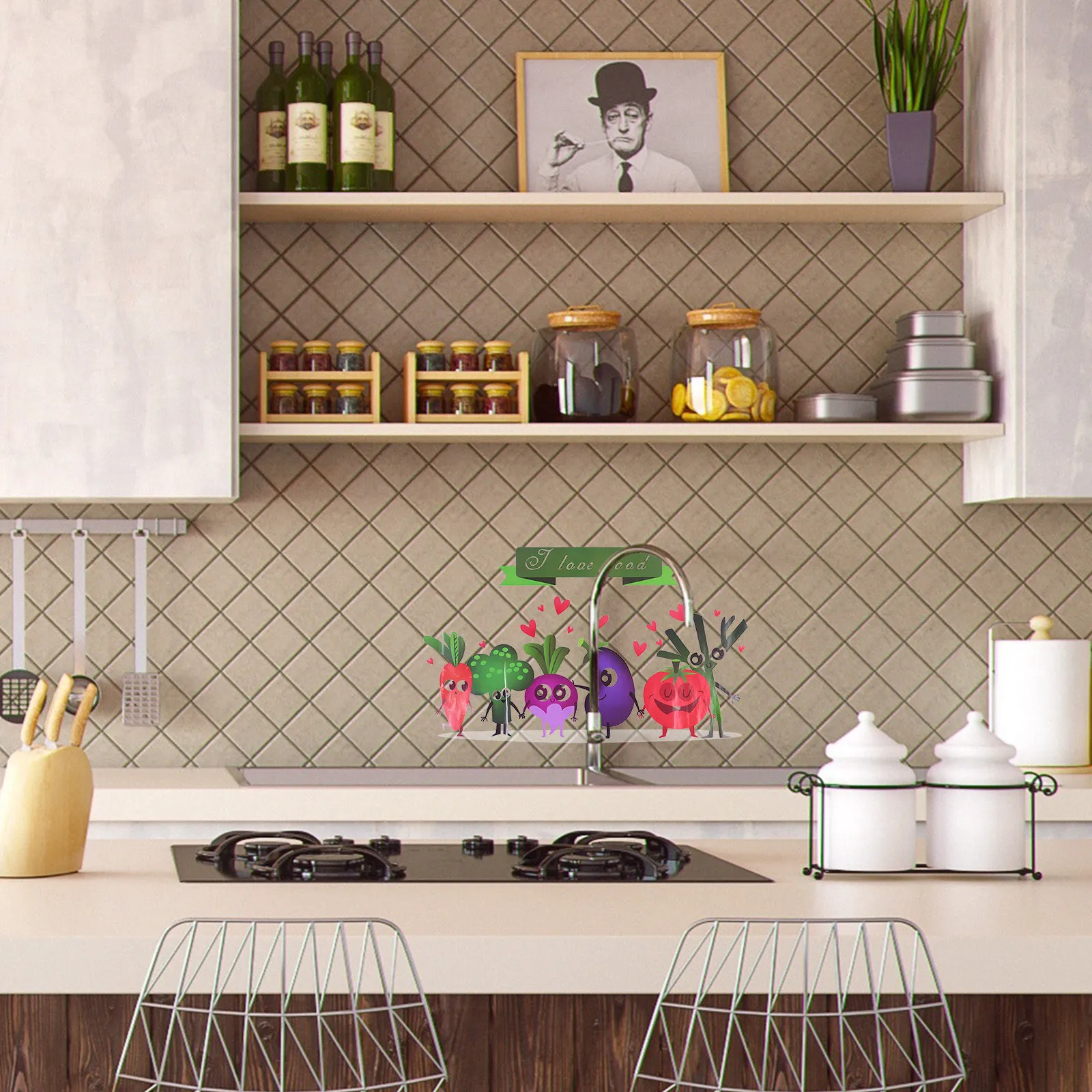 2 Sheets Cooking Bench Sticker Kitchen Cabinet Oil-proof Tile Wall for Pvc Decals
