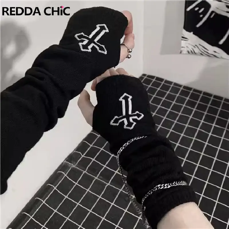 ReddaChic Harajuku Black Knit Arm Sleeves Women Retro Gothic Cross Crocheted Fingerless Gloves Acubi Fashion Y2k Arm Warmers