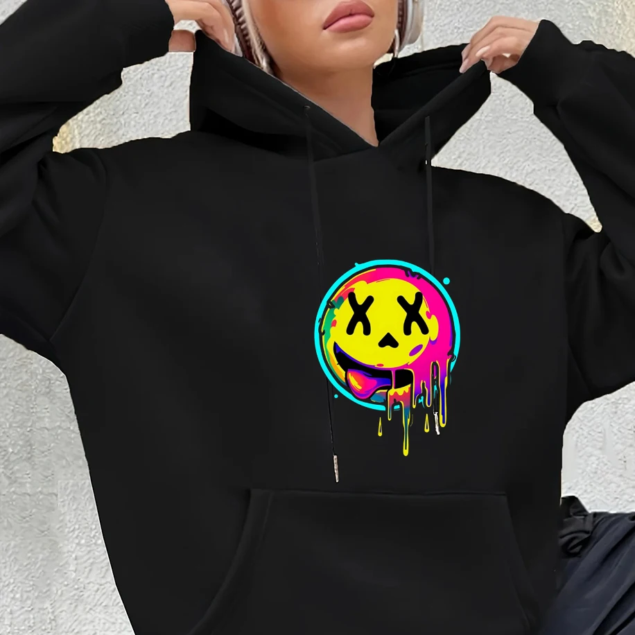 

Colorful Flowing Playful Smiley Face Pattern Neutral Hoodie Funny Creative Comfy Men Women Tops Casual Loose Graffiti Pullover