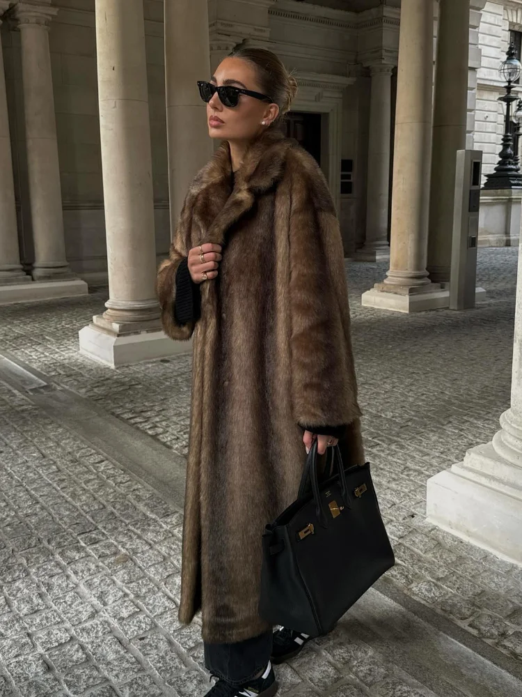 Chic Women Brown Warm Faux Fur Long Coats Elegant Lapel Single Breasted Thick Overcoats Autumn Winter Lady Commuting Outwears