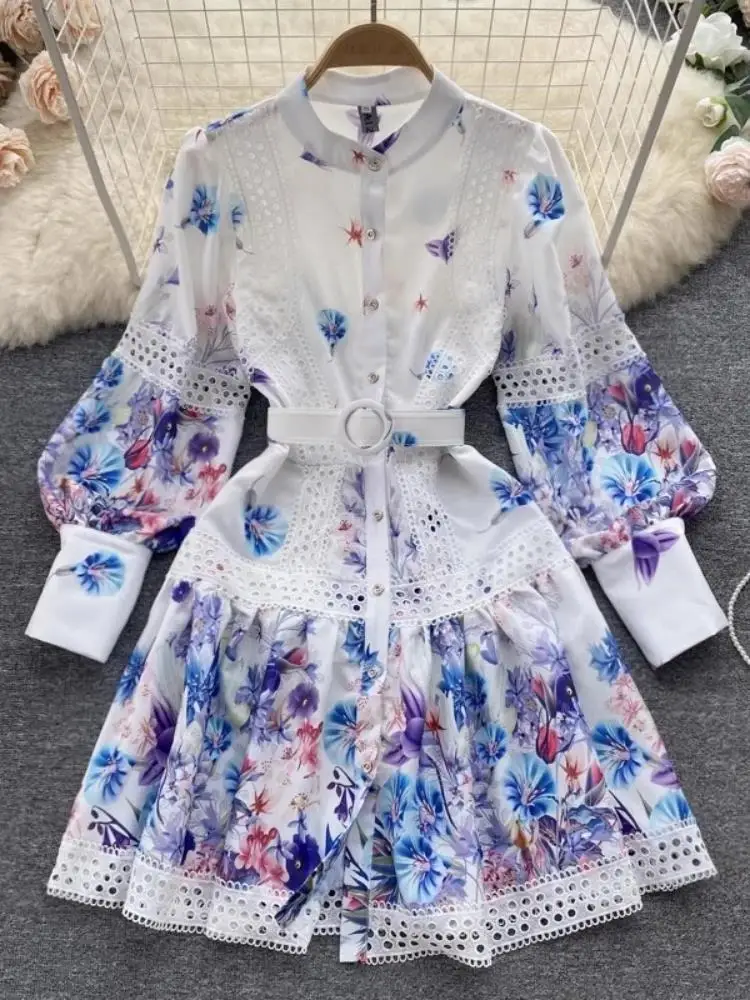 

Women's Stand Collar Long Sleeve Buttons Down Flower Print Belt Ruffles Dress Autumn Elegant Embroidery Hollow Out Vestidos