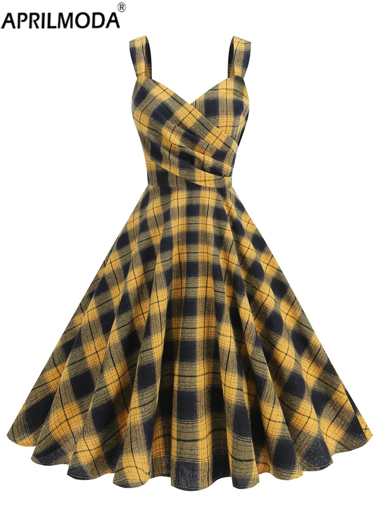 ชุดเดรสสั้นสไตล์ฝรั่งเศสสำหรับงานเต้นรำยามค่ำคืน  สำหรับสุภาพสตรี สไตล์วินเทจยุค 50 ลายสก็อต คอวี ทรงเอไลน์ กระโปรงบานใหญ่ สายเดี่ยว