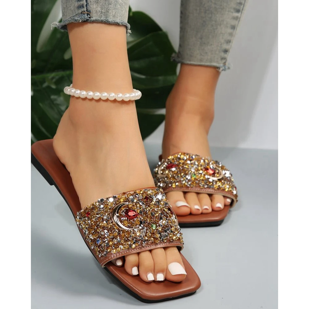Fashion Women Rhinestone Decor Flat Slippers Square Toe Casual Outdoor Slippers Autumn Summer Going Out Beach Shoes