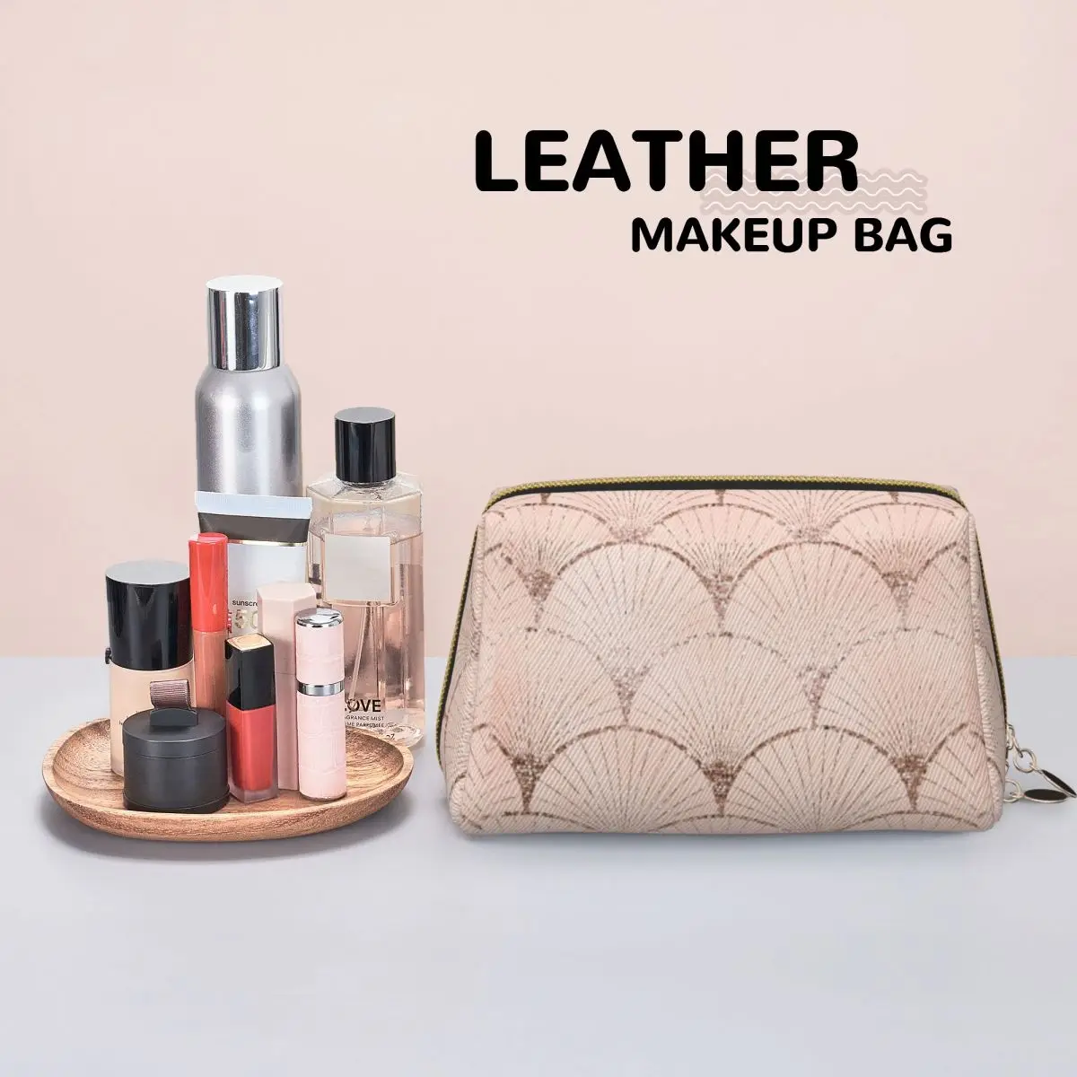 Art Deco Elegance - Rose Gold Glitter Fan Women Cosmetic Bags Travel Makeup Organizer Pouch Toiletry Storage Dopp Kit Case