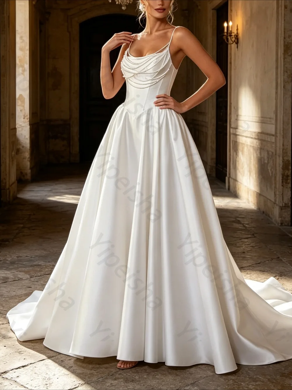 Customized 2026 Satin Spaghetti Straps Pearl Beaded A-Line Evening Dresses with Corset Back Prom Bridal Gown