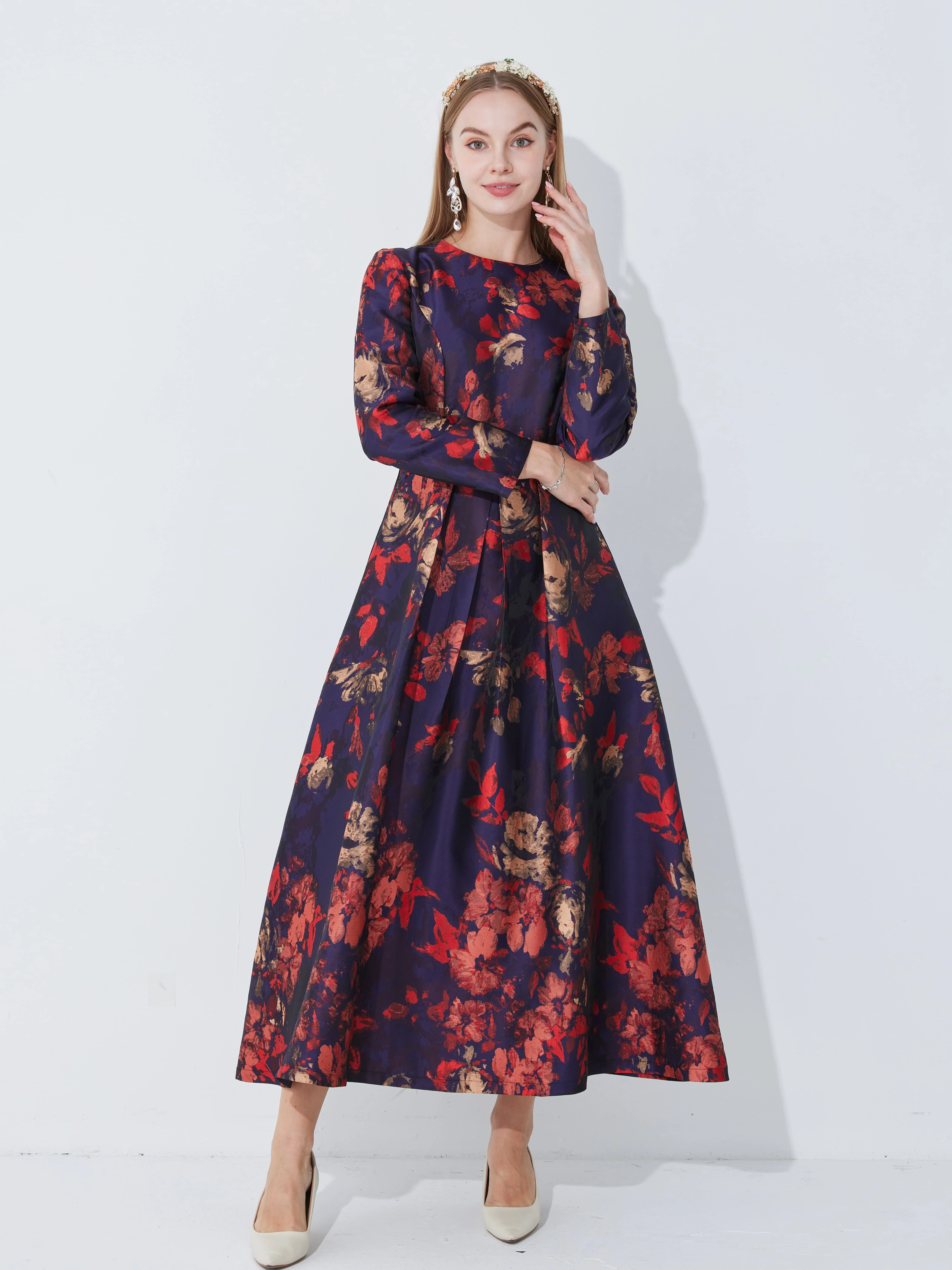 Elegant Women Long Sleeve Maxi Dress Fall Fashion Boho Floral Jacquard Muslim Dress Ladies Vintage Party Clothes