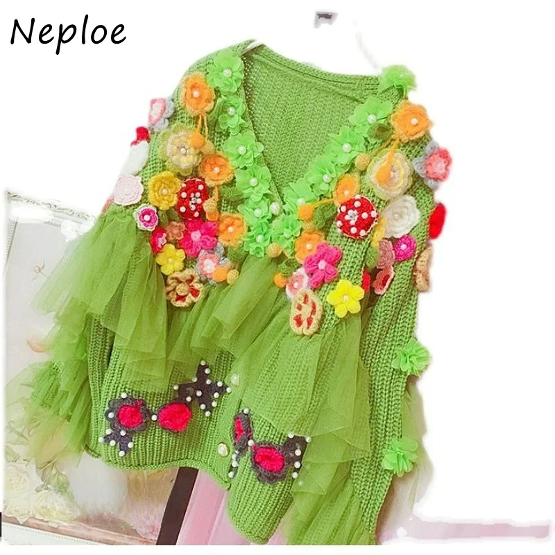 Neploe V Neck Beading Stereo Flower Outerwear  Autumn Vintage Sweater Jacket Solid Color Long Sleeve Single-breasted Cardigans