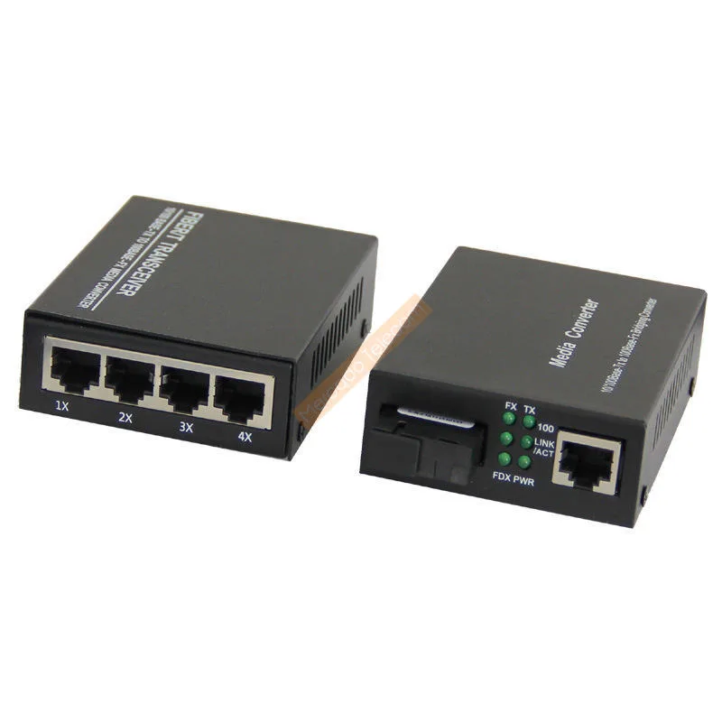 1 Pair Fast Ethernet Fiber Optical Media Converter Single Mode 20KM 4 RJ45 and 1 SC fiber Port 10/100M