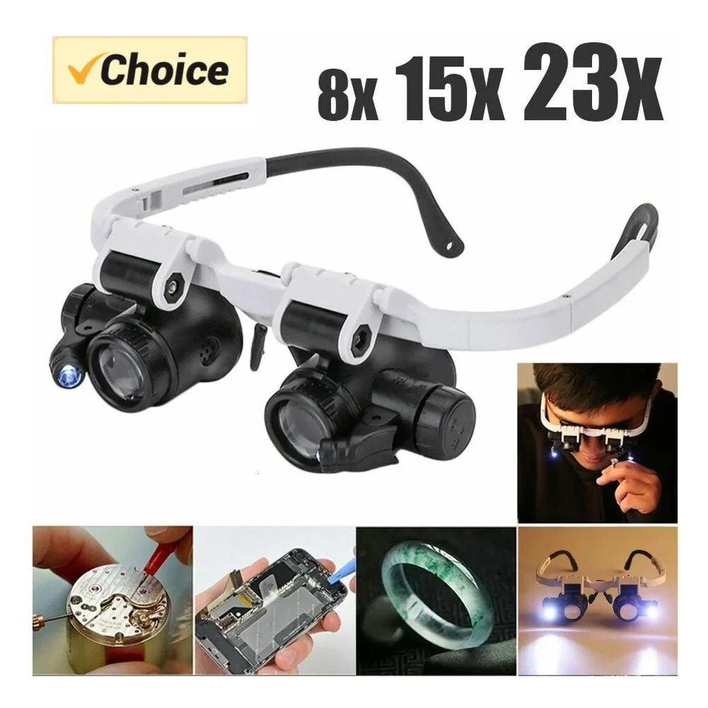 LED Watch Jeweler Repair Magnifier Head-Mounted Headband Adjustable Magnifying Head Eye Glasses Loupe Lens 8X 15X 23X