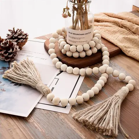 Wood Bead Garland Farmhouse Wall Hanging Home Decor DIY Handmade Garland with Jute Rustic Wall Tassel Bead Ornament Boho Gift