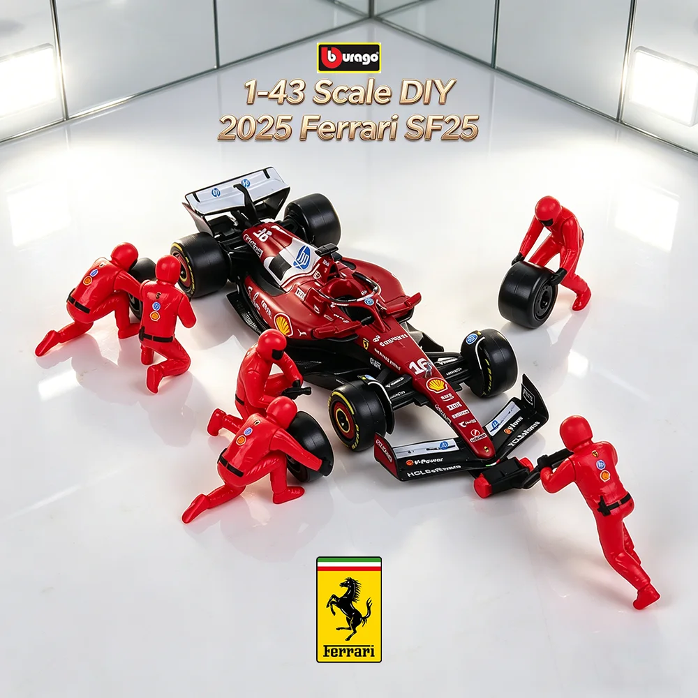 ブラーゴ-1-43-f1-diyピットハウス-合金製カーモデル-2025-フェラーリ-sf25-16-シャルル・ルクレール-44-ルイス・ハミルトン-コレクション-ダイキャスト玩具