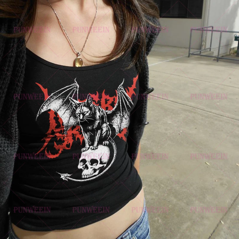 Demon Cat And Skull Print Heavy Metal Y2k Vintage  Top Harajuku Dark Vest Chic Hip Hop Emo Punk Gothic Crop Top Y2k 90s Tank Top