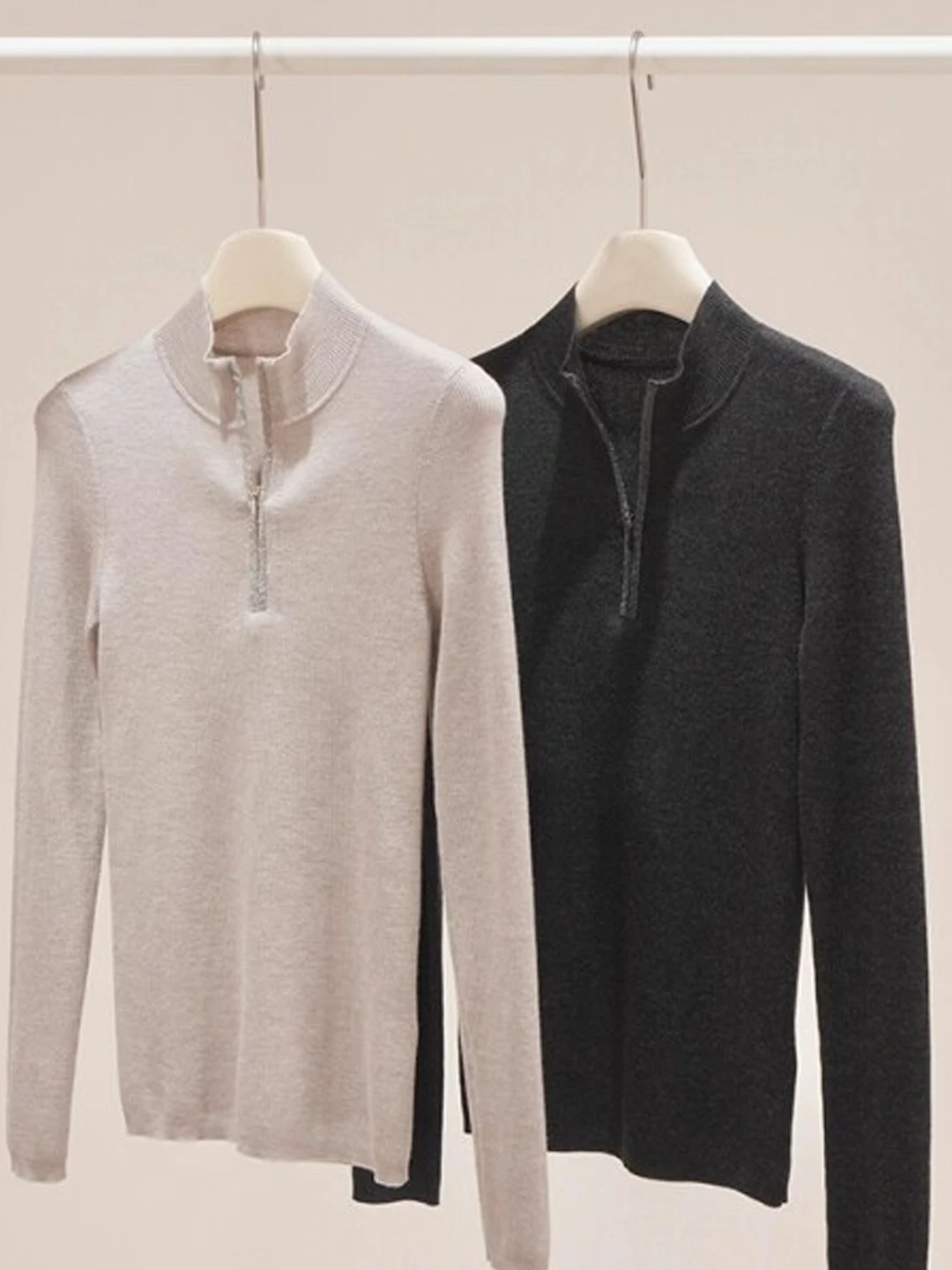 Stunning Sparkling Diamond Half Zip Knitted Base Shirt Women's Inner Spring Autumn High-End Unique Beautiful Stand Collar Top
