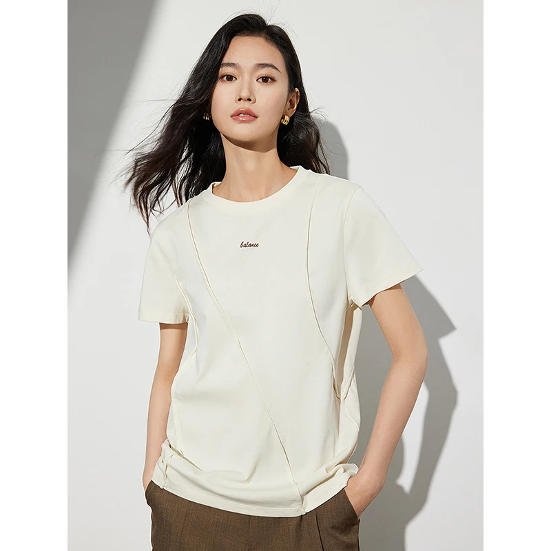 TOYOUTH Women Line Structural Sense T-shirt 2024 Summer Round Neck Casual Cotton Top